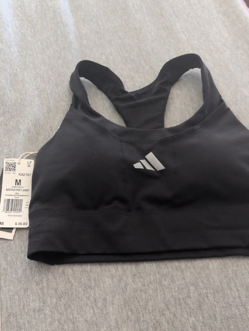 adidas Black Logo Racerback Sports Bra With Pockets!!  Size M